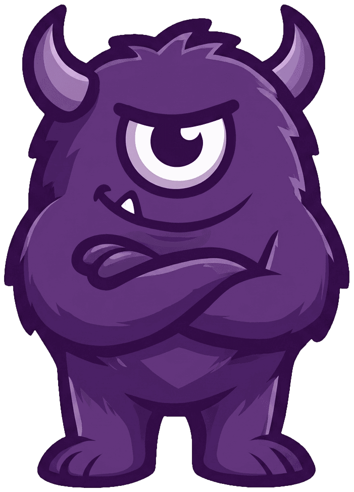 Moving Monsters Maskottchen mit verschränkten Armen