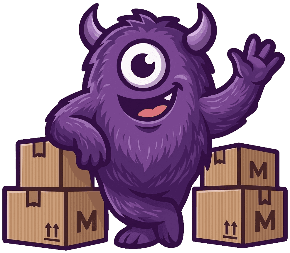 Monster winkt neben Kartonstapel