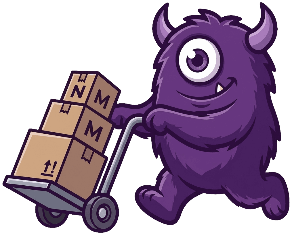 Moving Monsters Maskottchen mit Sackkarre
