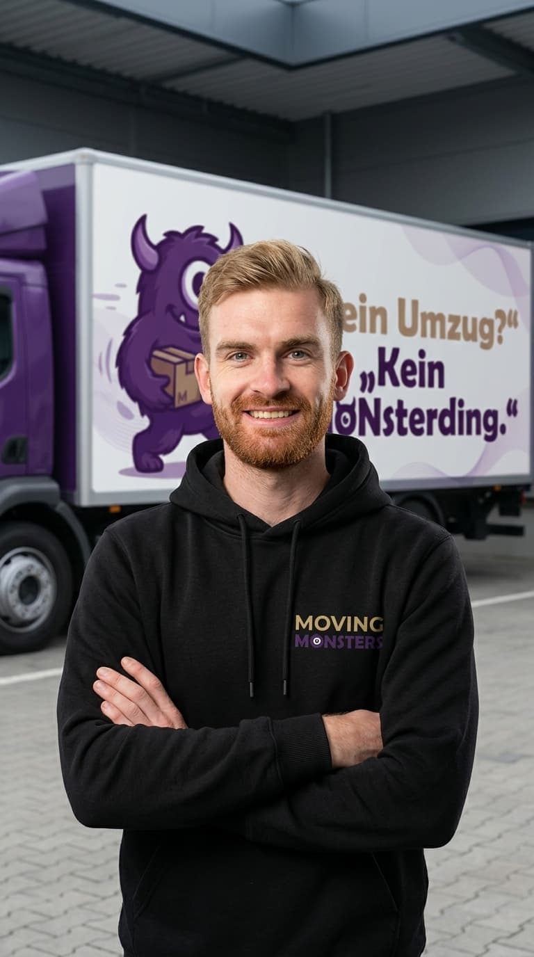 Eugen vor dem Moving-Monsters-Kofferwagen