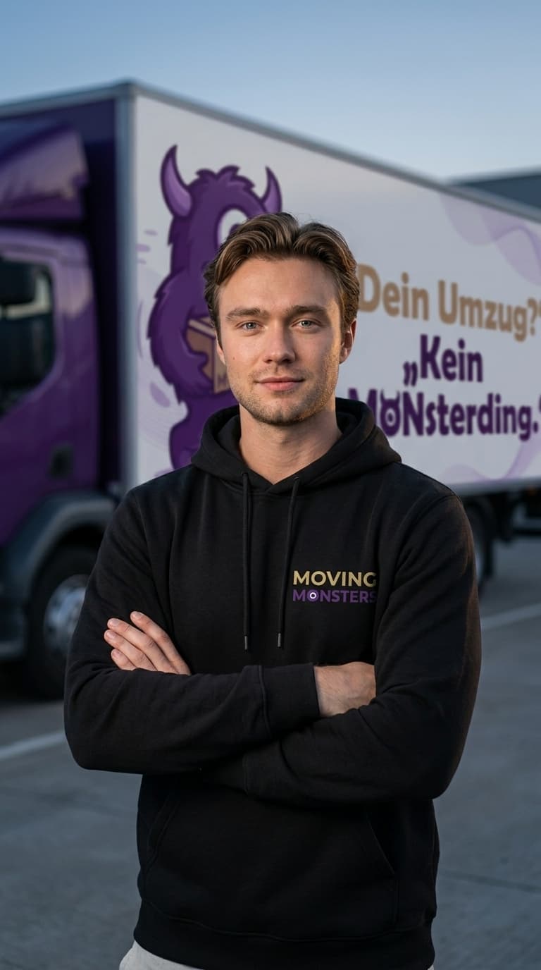 Jamie vor dem Moving-Monsters-Kofferwagen